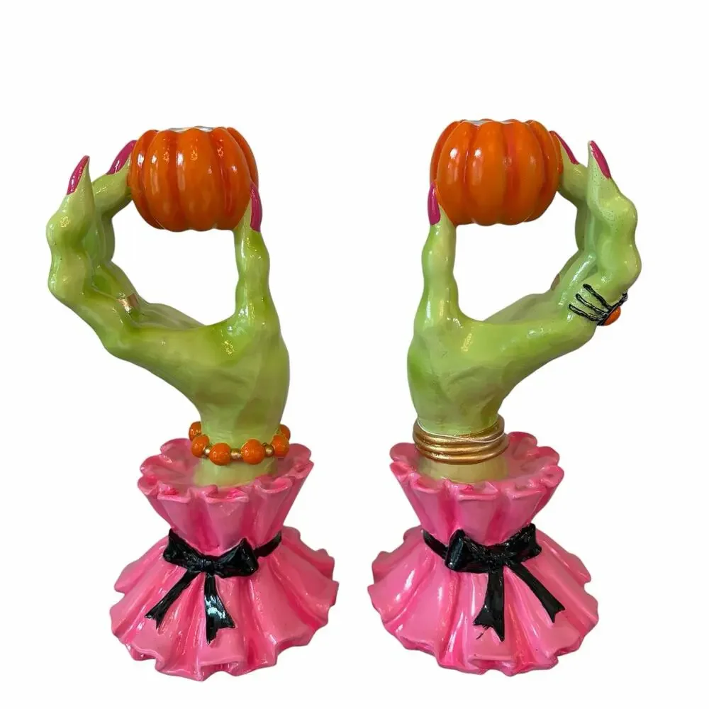Broomstick Blvd Witch Hand Taper Candle Holders Set 2 Pink Green Halloween NEW